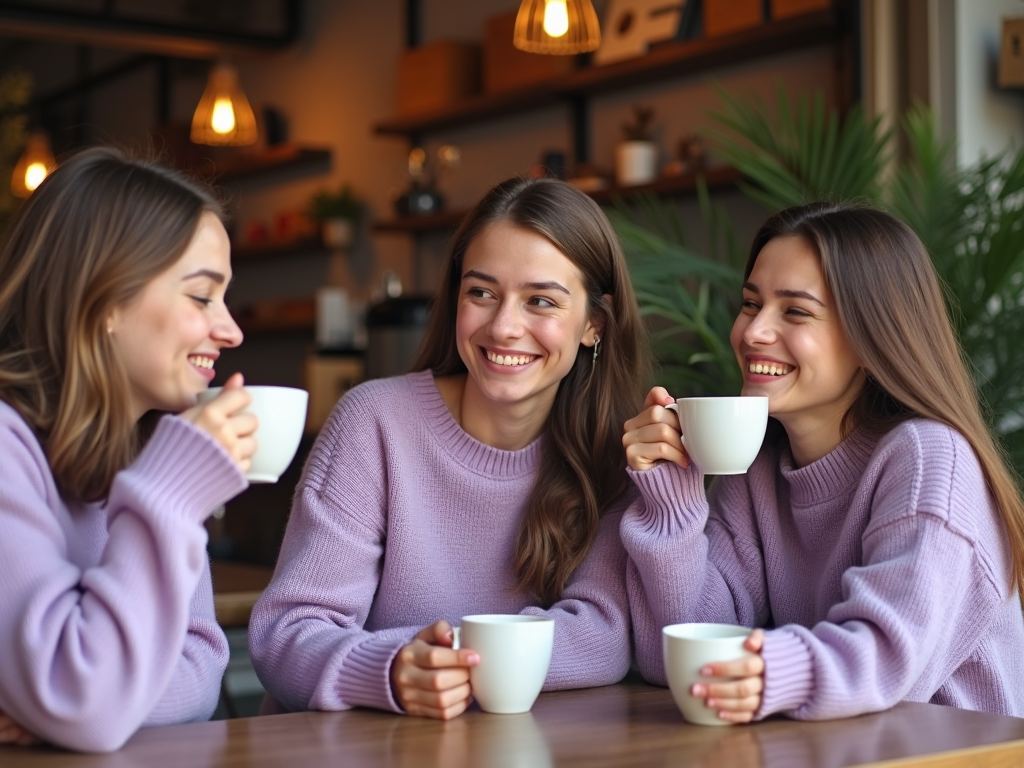 Trzy kobiety śmieją się i piją kawę w kawiarni. Noszą jednakowe fioletowe swetry.