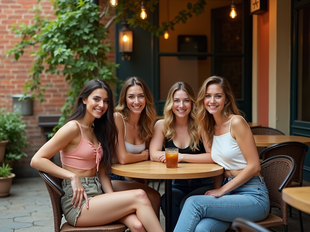 Cztery uśmiechnięte kobiety siedzą przy stoliku na tarasie restauracji, otoczone zielenią.