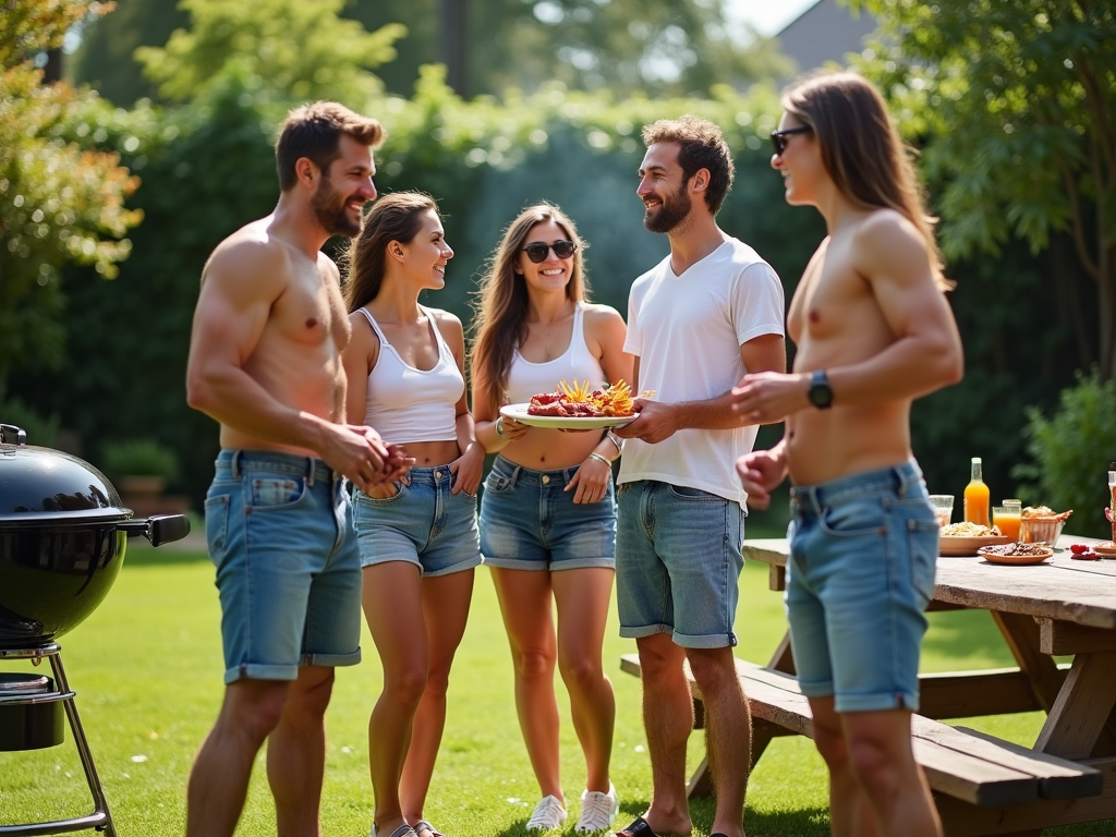 Przyjaciele cieszą się letnim grillem w ogrodzie.