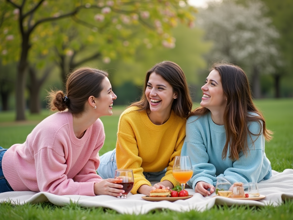 Trzy uśmiechnięte kobiety na pikniku w parku, rozmawiają i cieszą się przekąskami.