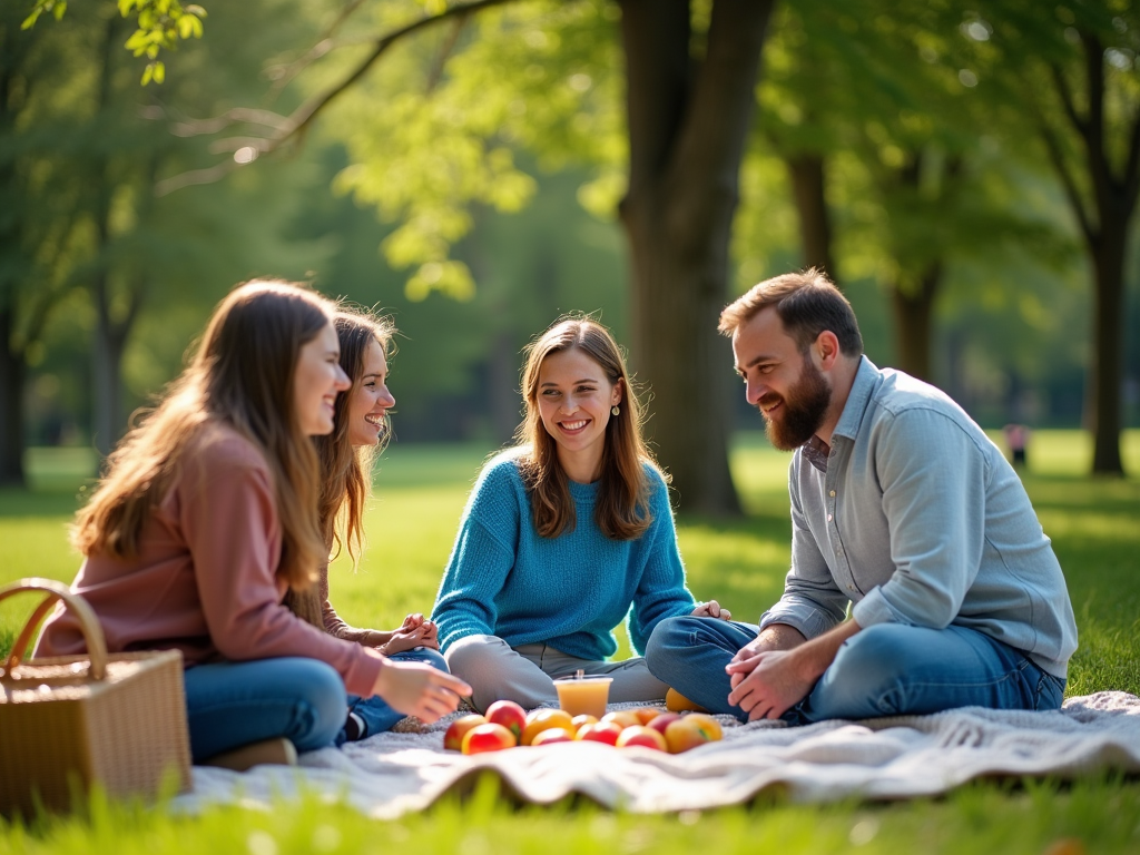 Grupa przyjaciół na pikniku w parku, śmieją się, siedzą na kocu z owocami.